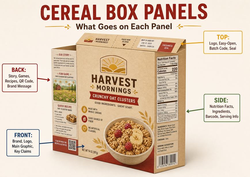 cereal box panels inforgraphic and printing
